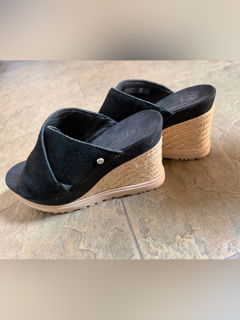 UGG Black Suede Braided Espadrille Wedge Sandals